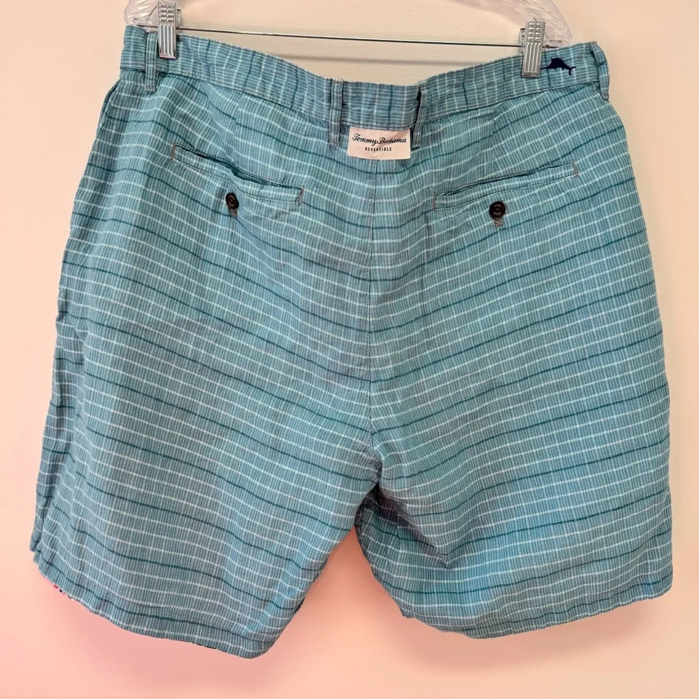 Tommy Bahama 100% Linen‎ Reversible Shorts Blue Stipe, Pink & Green Tropical 40